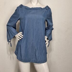 Altar'd State Y2K Chambray Bohemian Bell Sleeve Coastal Off The Shoulder Top S